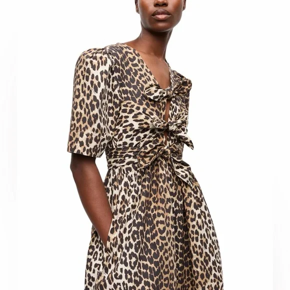 GANNI Leopard Printed Cotton Tie Strap Midi Dress - Picture 2 of 8